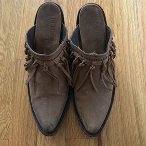 Old Gringo sz 6.5B fringed pointed toe heeled mules brown great pre owned cond